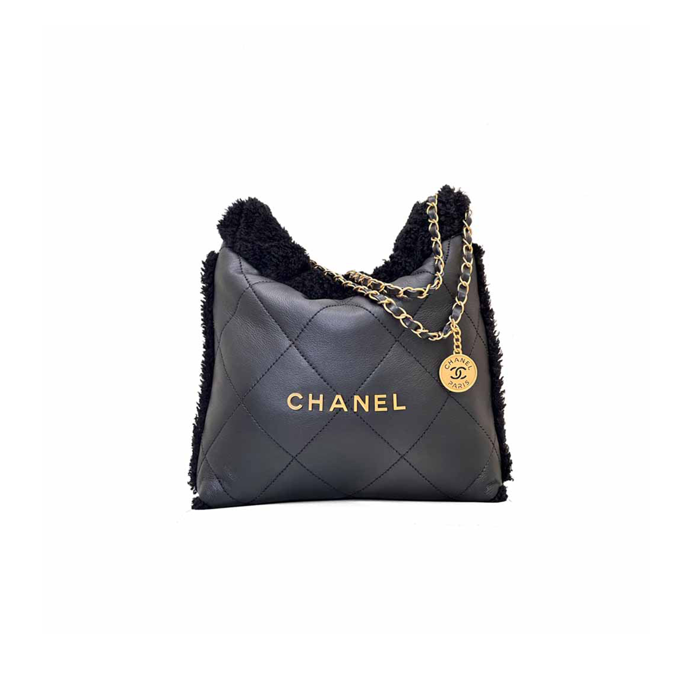 CHANEL SHEARLING LAMBSKIN QUILTED SMALL CHANEL 22 BLACK AS3260 (37*35*7cm)